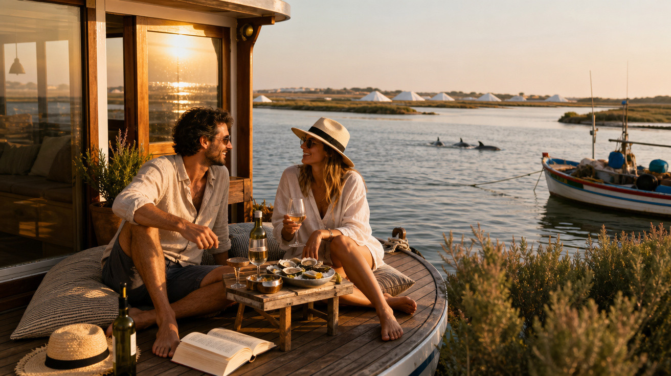 Casal sentado na varanda de uma casa flutuante, apreciando frutos do mar e vinho ao pôr do sol.