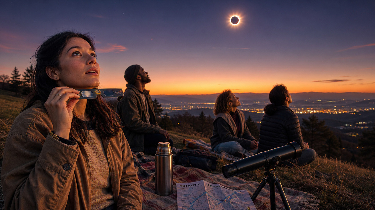 Quatro pessoas observando eclipse solar ao entardecer em colina com mapas e telescópio.