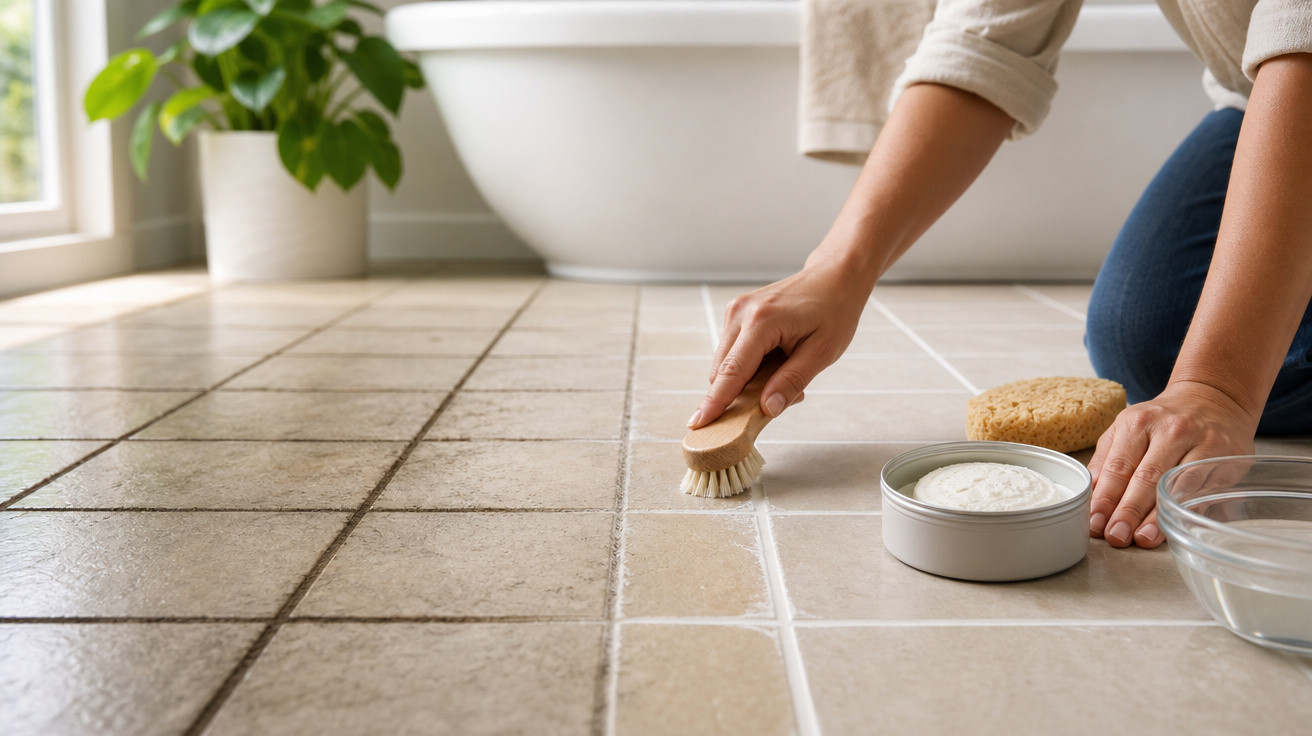 Pessoa limpando rejunte de piso cerâmico com escova e pasta de limpeza próxima a banheira.