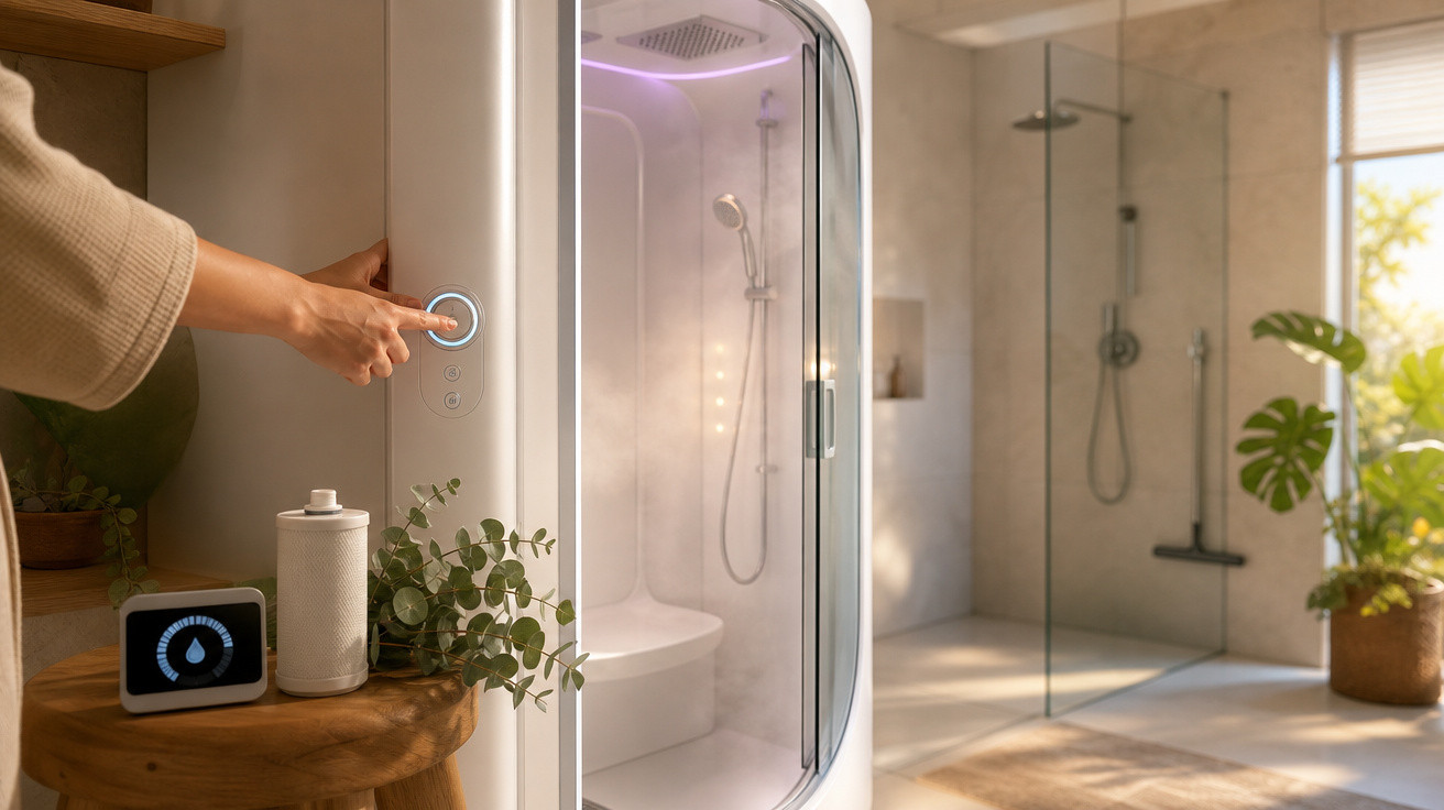 Pessoa acionando botão de cabine de banho a vapor em banheiro com plantas e ducha moderna.