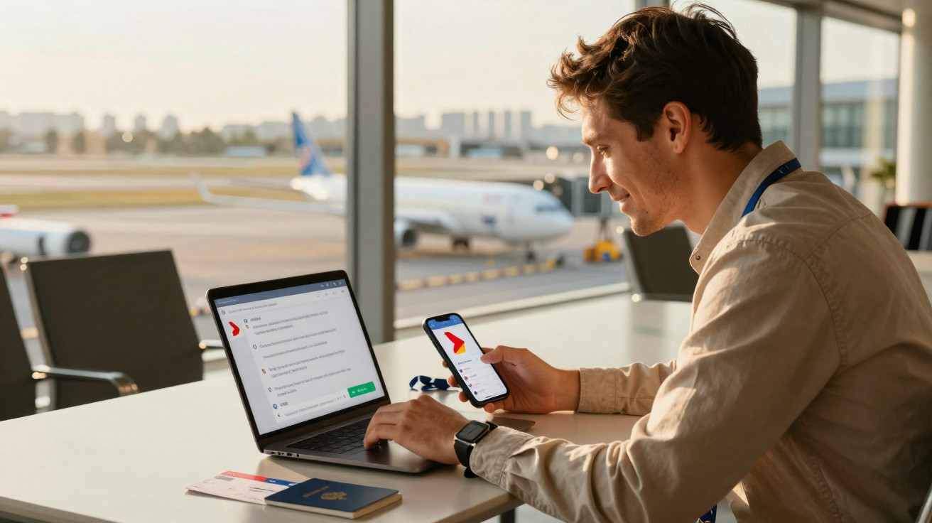 Homem sentado em aeroporto usando celular e laptop na mesa com passaporte e cartão de embarque.