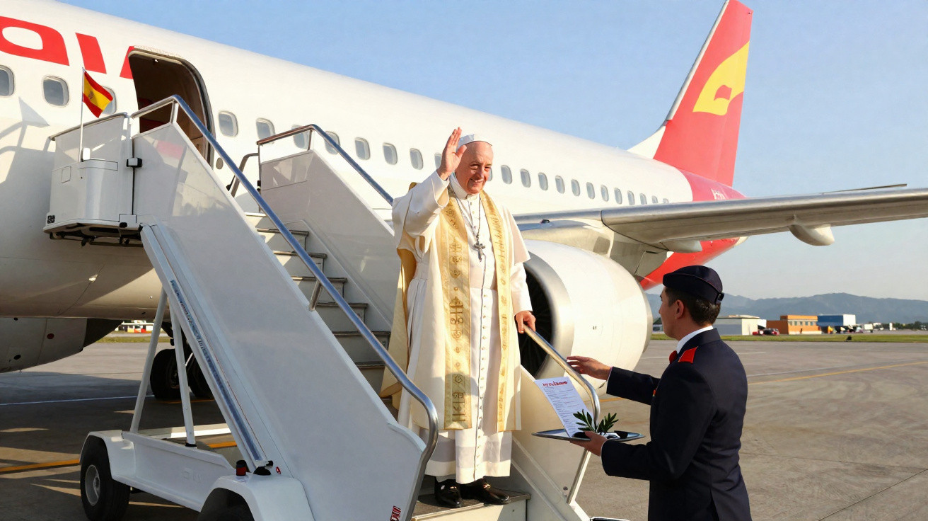 Papa Francisco acena ao desembarcar de avião em aeroporto, recebido por funcionário com documento e ramo.