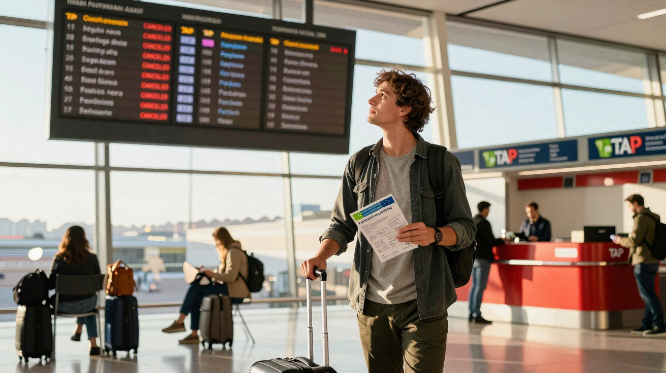 Homem olhando painel de voos em aeroporto com bagagem e passagem na mão.