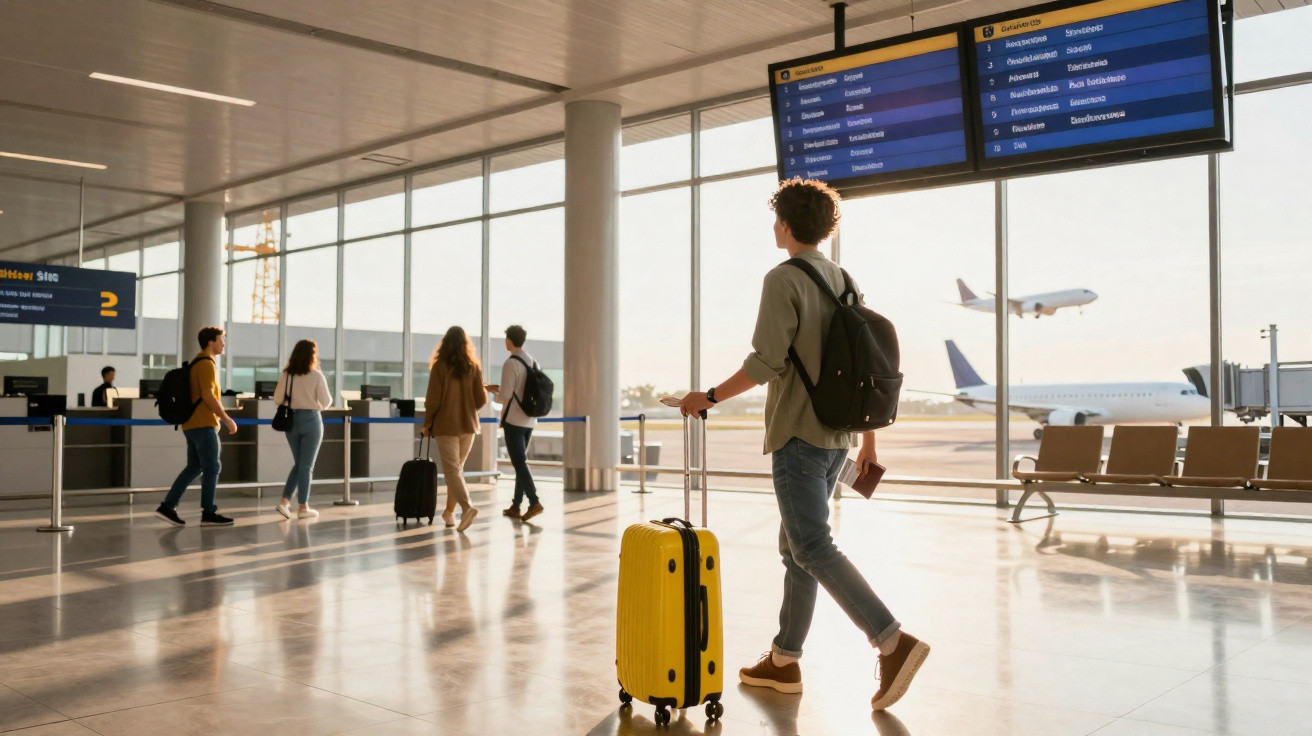 Homem com mochila e mala amarela caminhando no aeroporto em direção ao portão de embarque ao pôr do sol.