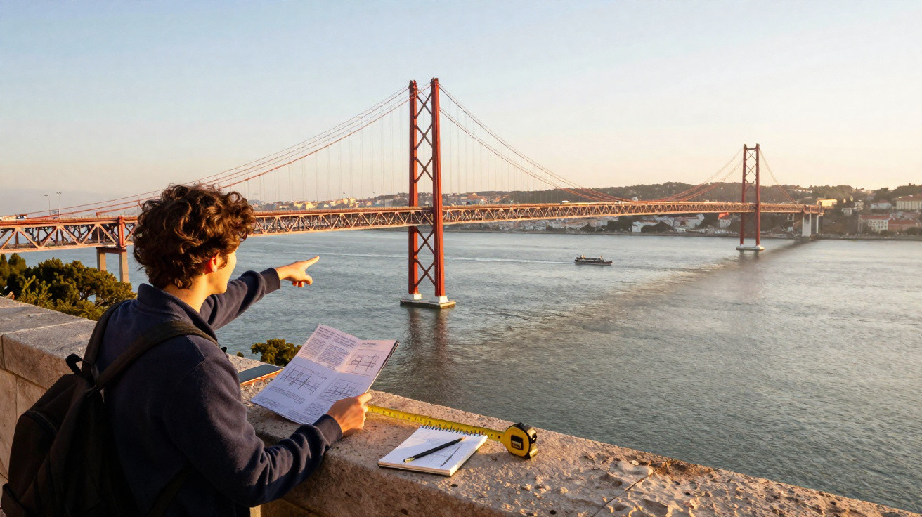 Jovem com mochila segura planta e aponta para ponte vermelha sobre rio ao pôr do sol.