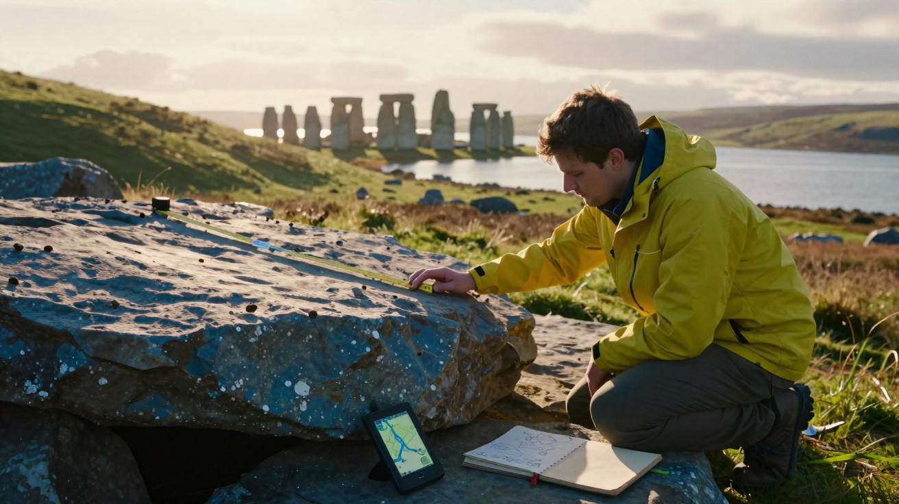 Homem mede pedra com fita métrica perto do Stonehenge, com mapa digital e caderno ao lado.