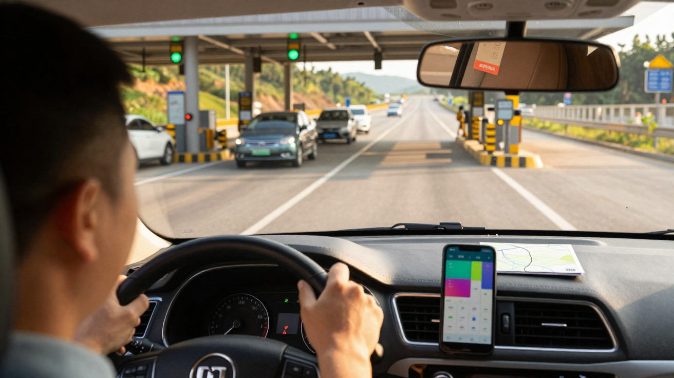 Homem dirigindo carro em direção a pedágio com luz verde, smartphone fixado no painel mostrando app de navegação.
