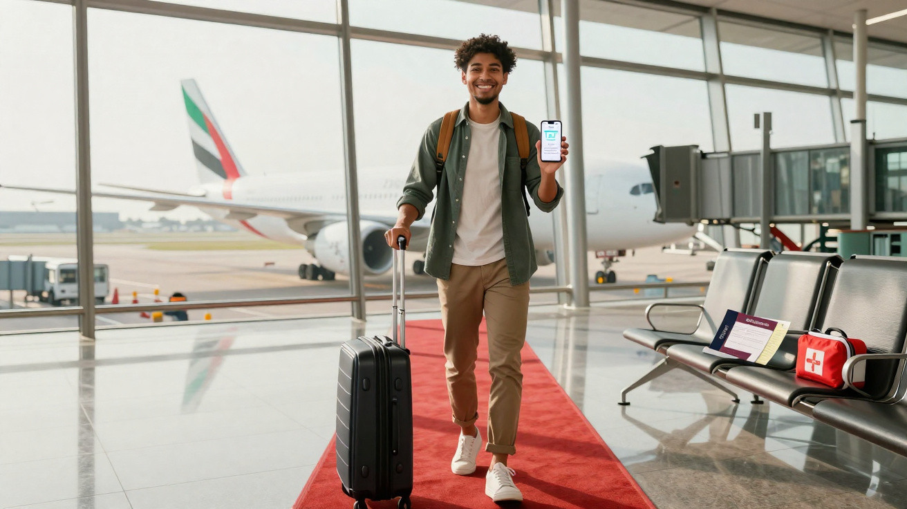 Homem sorridente com mochila e mala no aeroporto mostrando o celular com passe digital na tela.