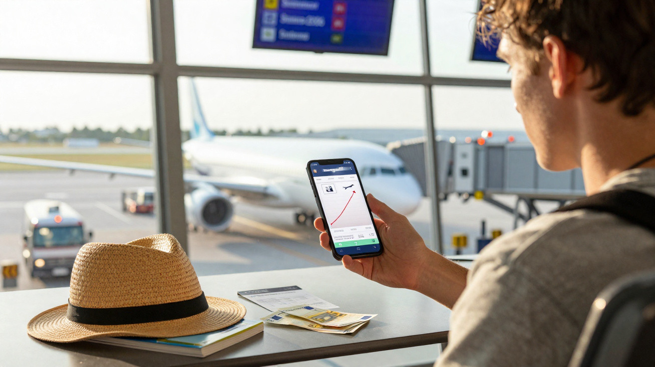 Pessoa sentada em aeroporto olhando gráfico de voo no celular com avião estacionado ao fundo.