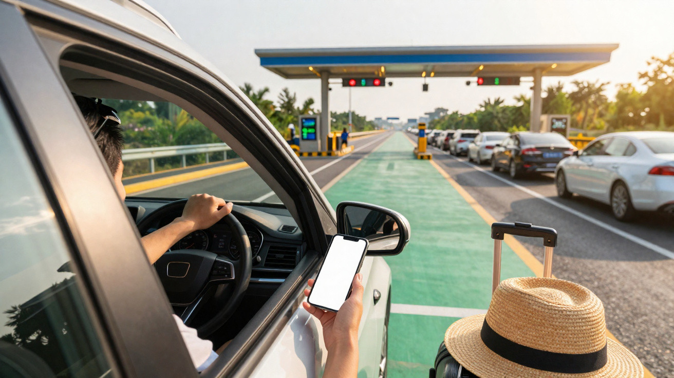 Motorista usando celular com tela branca em carro próximo a pedágio, bagagem com chapéu ao lado no sol.