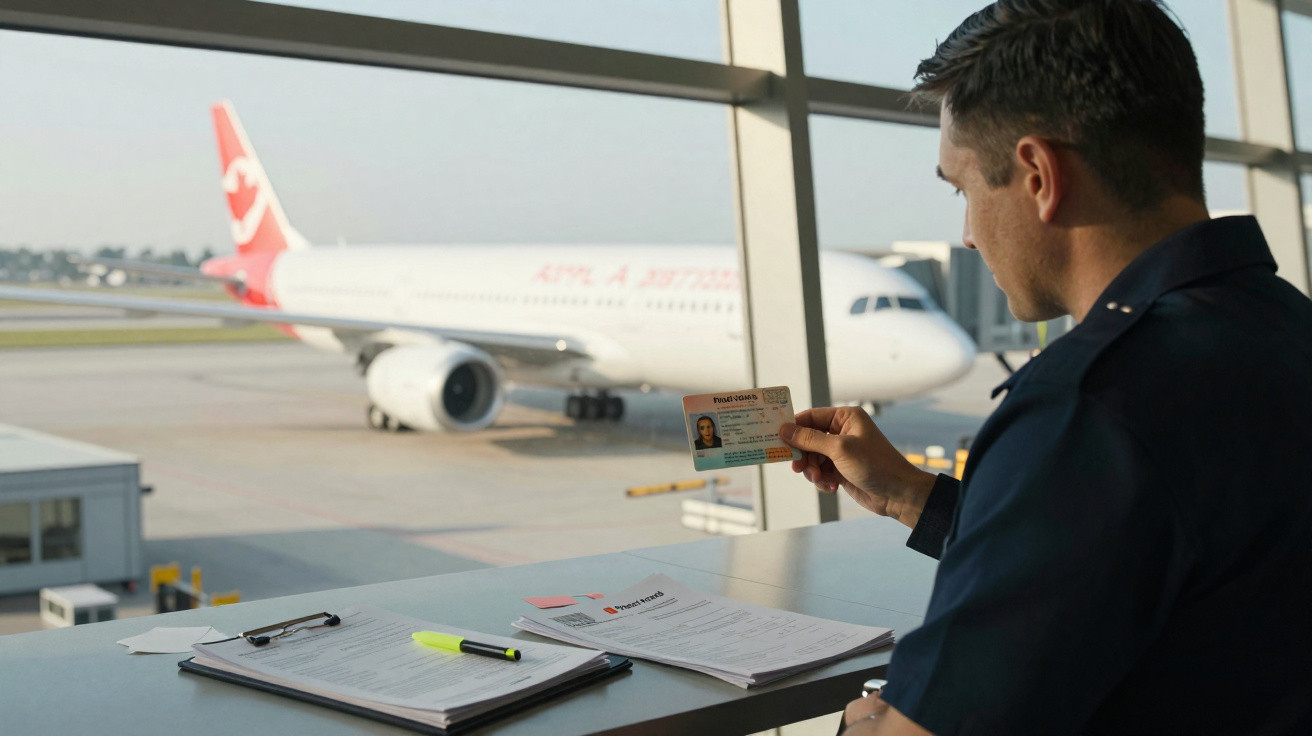 Homem em uniforme confere carteira de identidade em balcão com avião ao fundo no aeroporto.