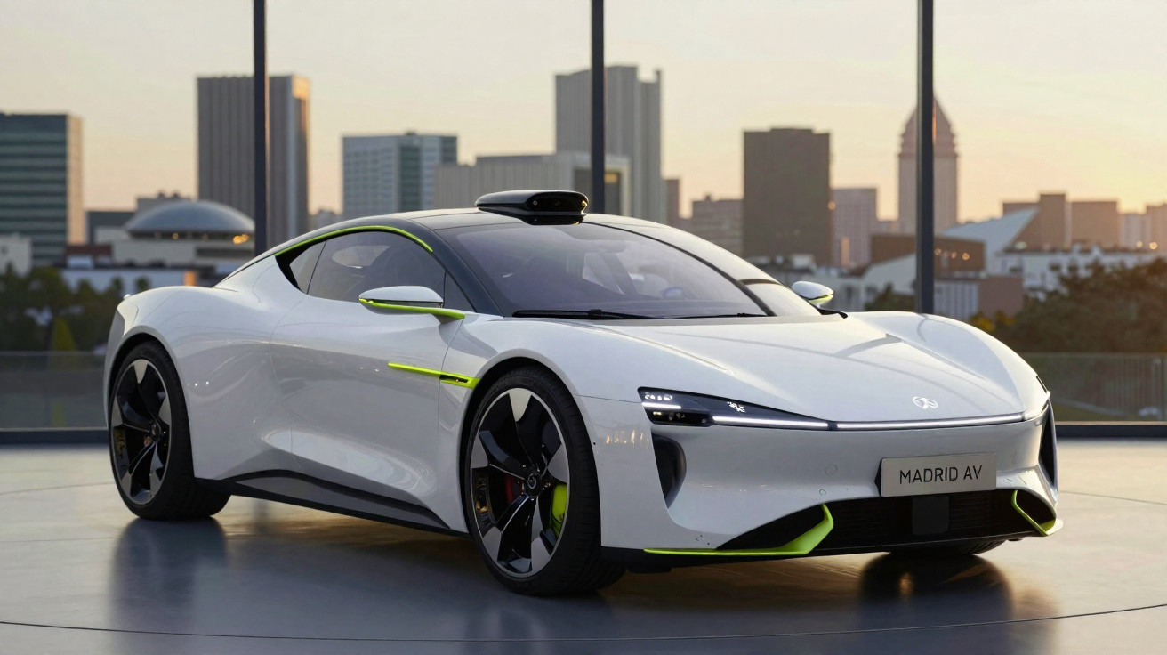 Carro esportivo branco elétrico futurista com detalhes verdes, estacionado em espaço com vista urbana ao entardecer.