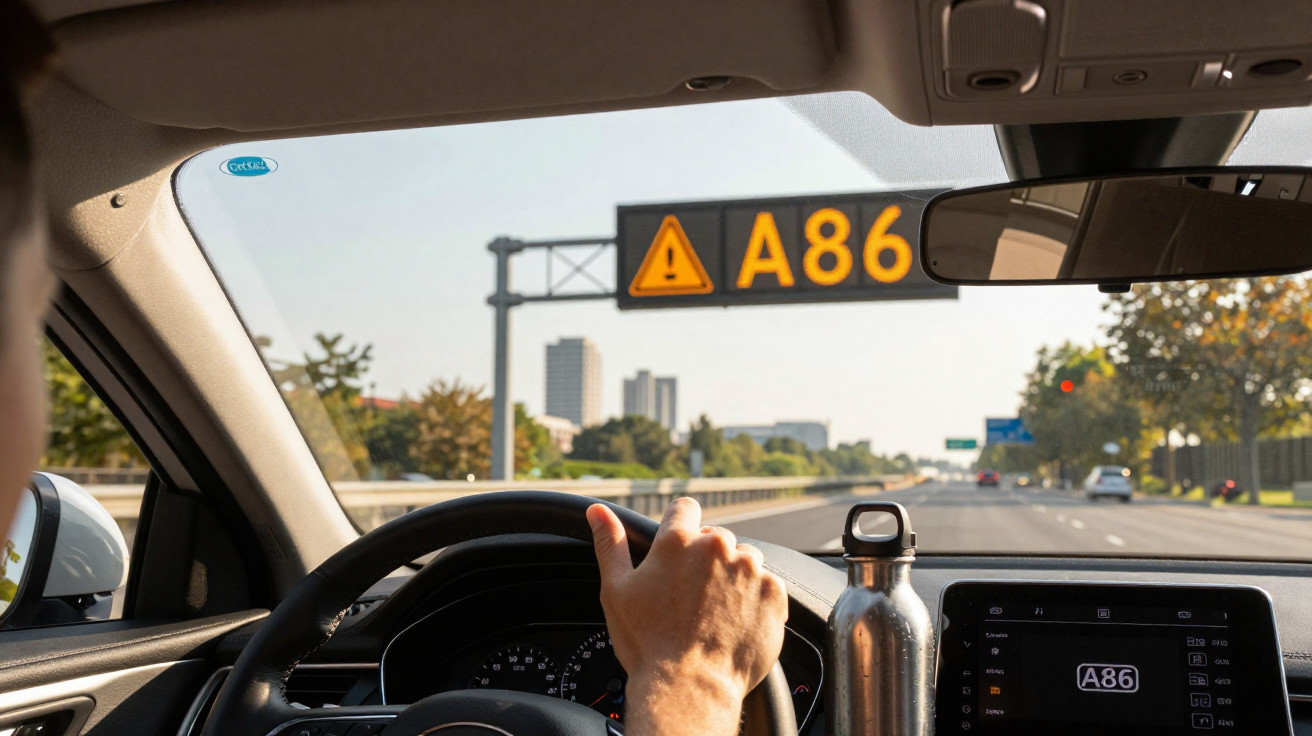 Motorista dirigindo em estrada urbana com placa eletrônica indicando alerta A86.