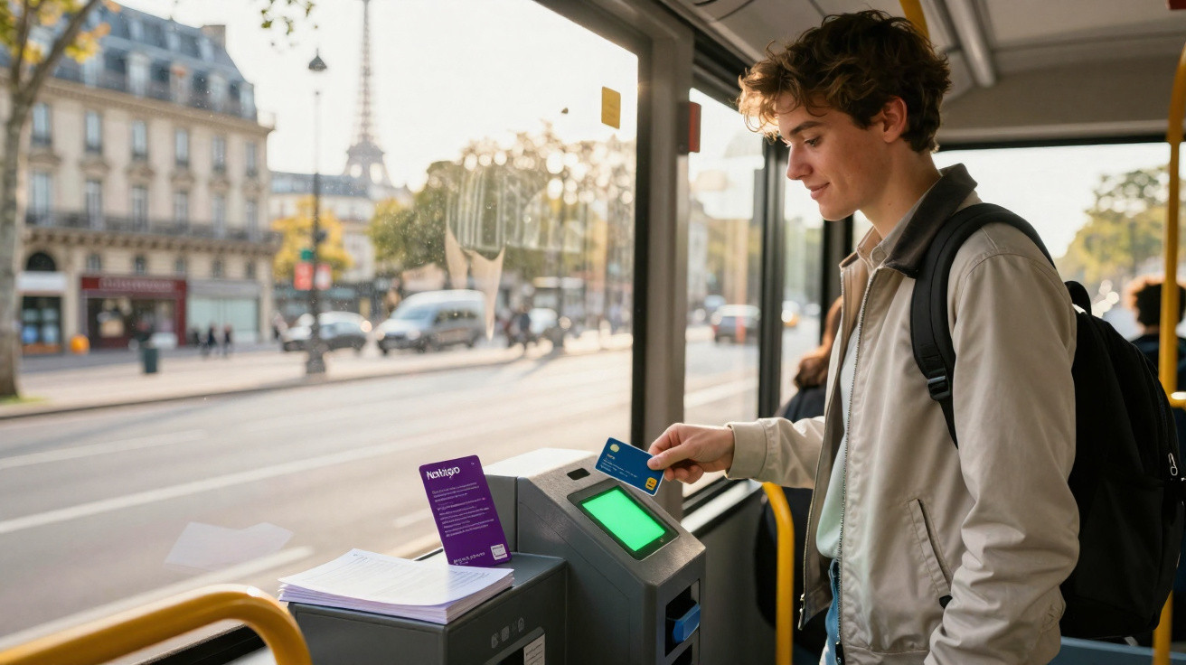 Jovem usa cartão para validar passagem em leitor dentro de ônibus, com rua e edifícios ao fundo.