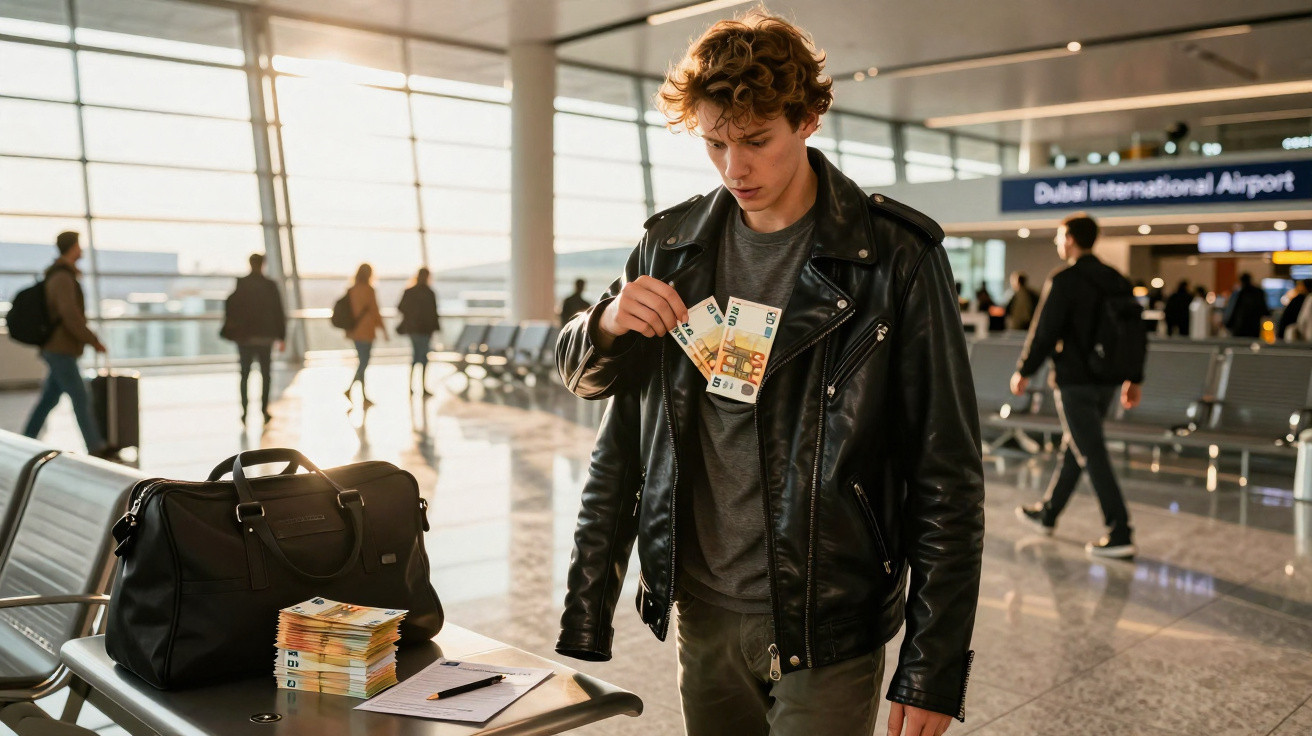 Jovem em jaqueta preta contando dinheiro em aeroporto com mala e pilha de cédulas sobre banco metalizado.