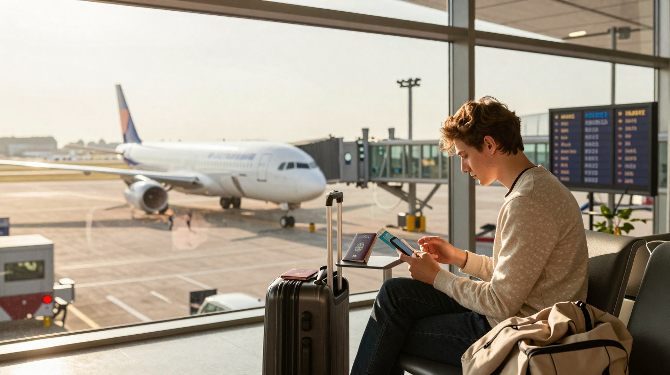 Jovem sentado com bagagem no saguão do aeroporto, usando celular, com avião estacionado ao fundo.