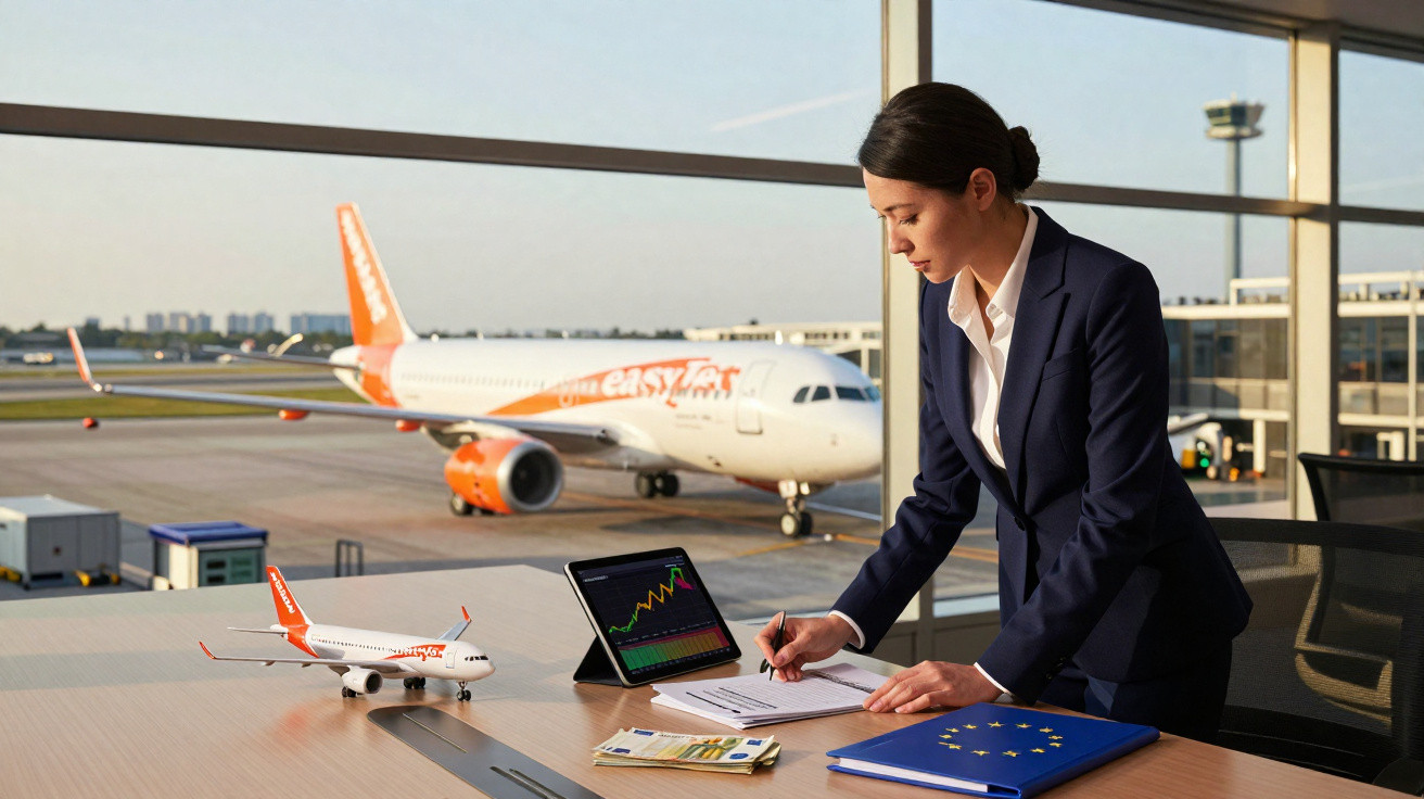Mulher em terno analisando gráficos com avião EasyJet ao fundo na janela do aeroporto.