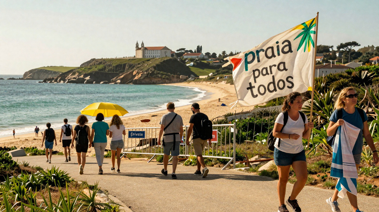 Grupo de pessoas caminhando para a praia com faixa escrita Praia para todos em dia ensolarado.
