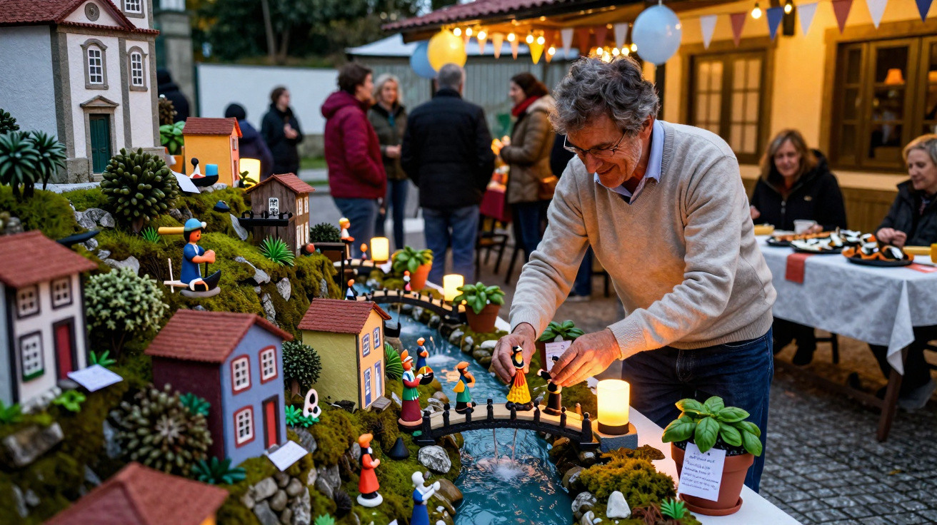 Homem ajusta decoração em mini cidade de Natal com casas e ponte iluminada em evento ao ar livre.