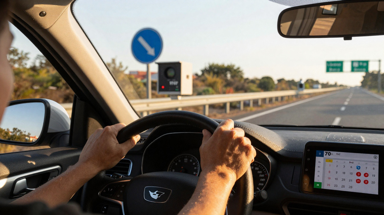 Motorista dirigindo em estrada com radar e sinalização de velocidade à frente durante o dia.