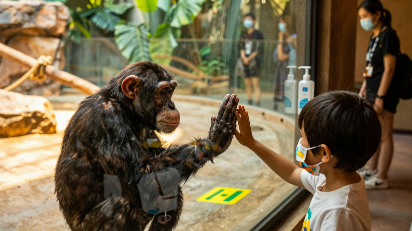 Criança com máscara toca vidro e faz toque de mão com chimpanzé em zoológico.