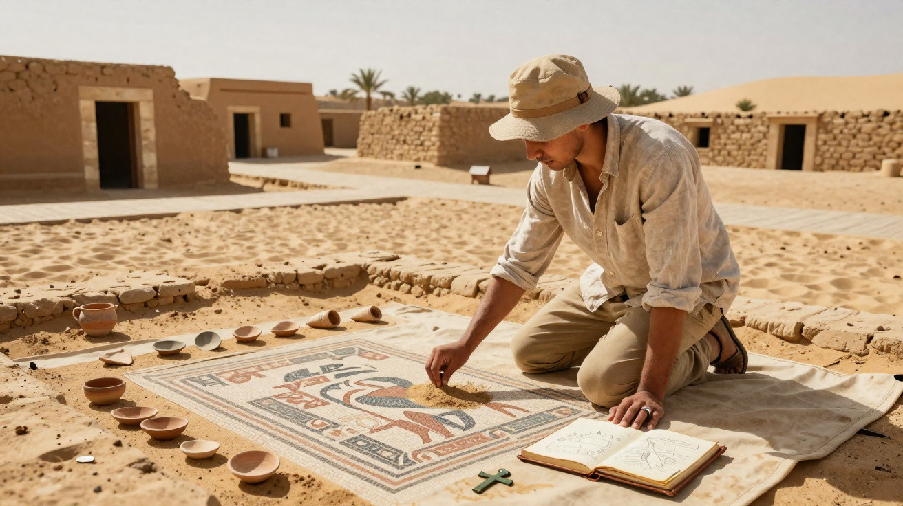 Homem em sítio arqueológico desenha retrato em mosaico antigo no deserto, com cerâmicas ao redor.