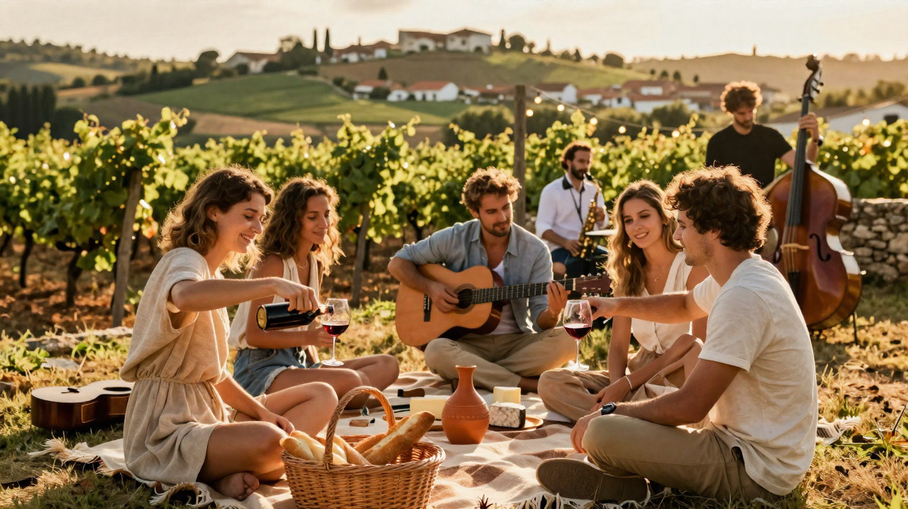 Grupo de amigos em piquenique e música ao pôr do sol em vinhedo rural.