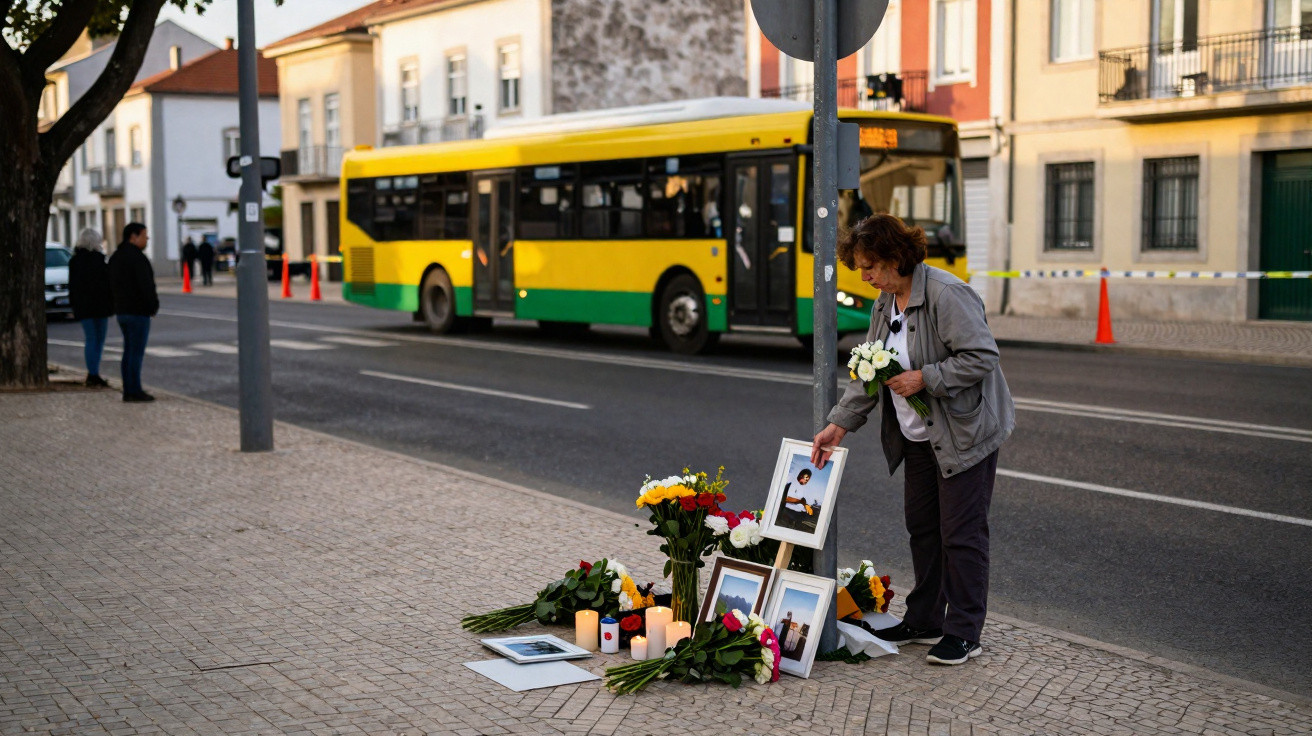 Mulher coloca flores em memorial improvisado na calçada, com fotos, velas e flores ao lado da rua movimentada.