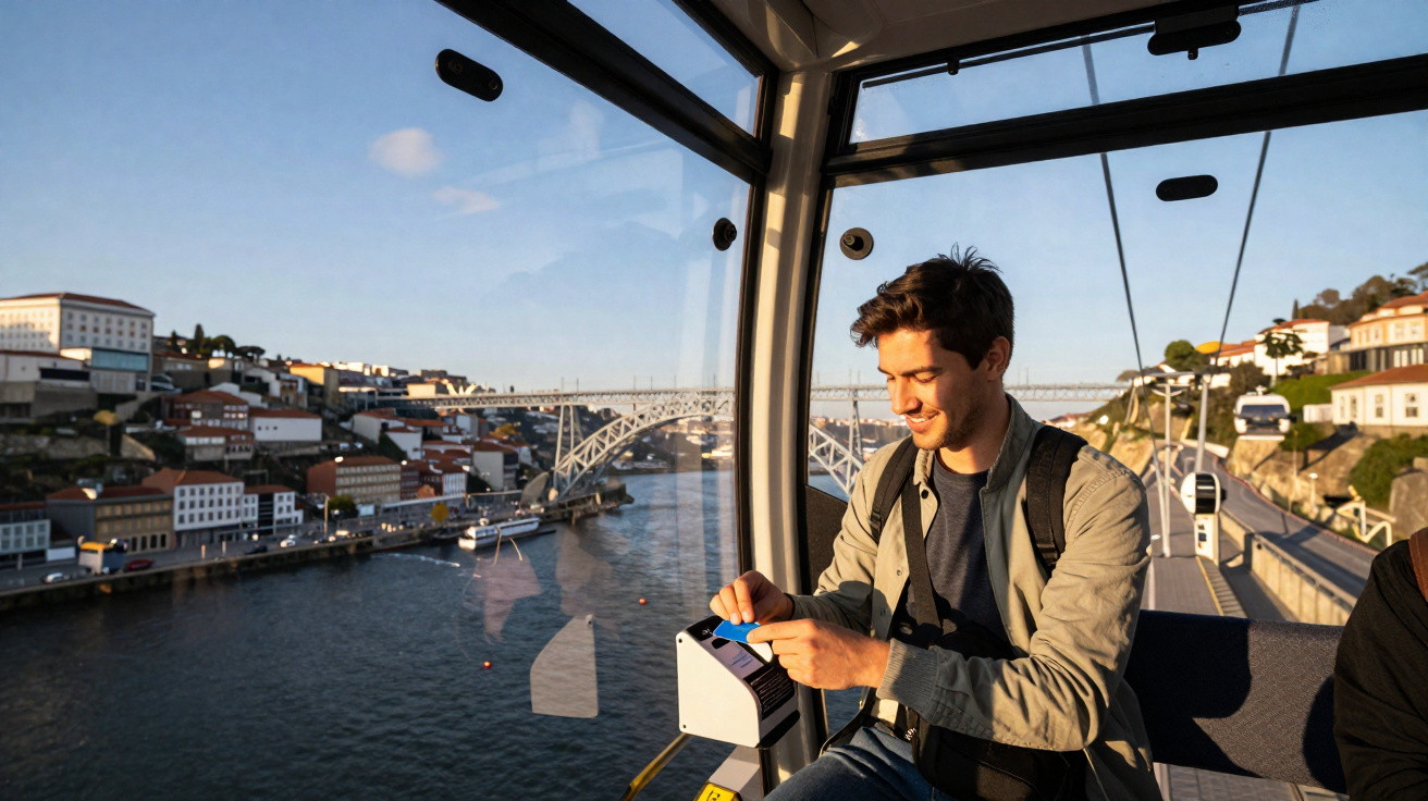 Homem sorridente valida bilhete dentro de teleférico com vista para rio e ponte ao fundo em cidade.