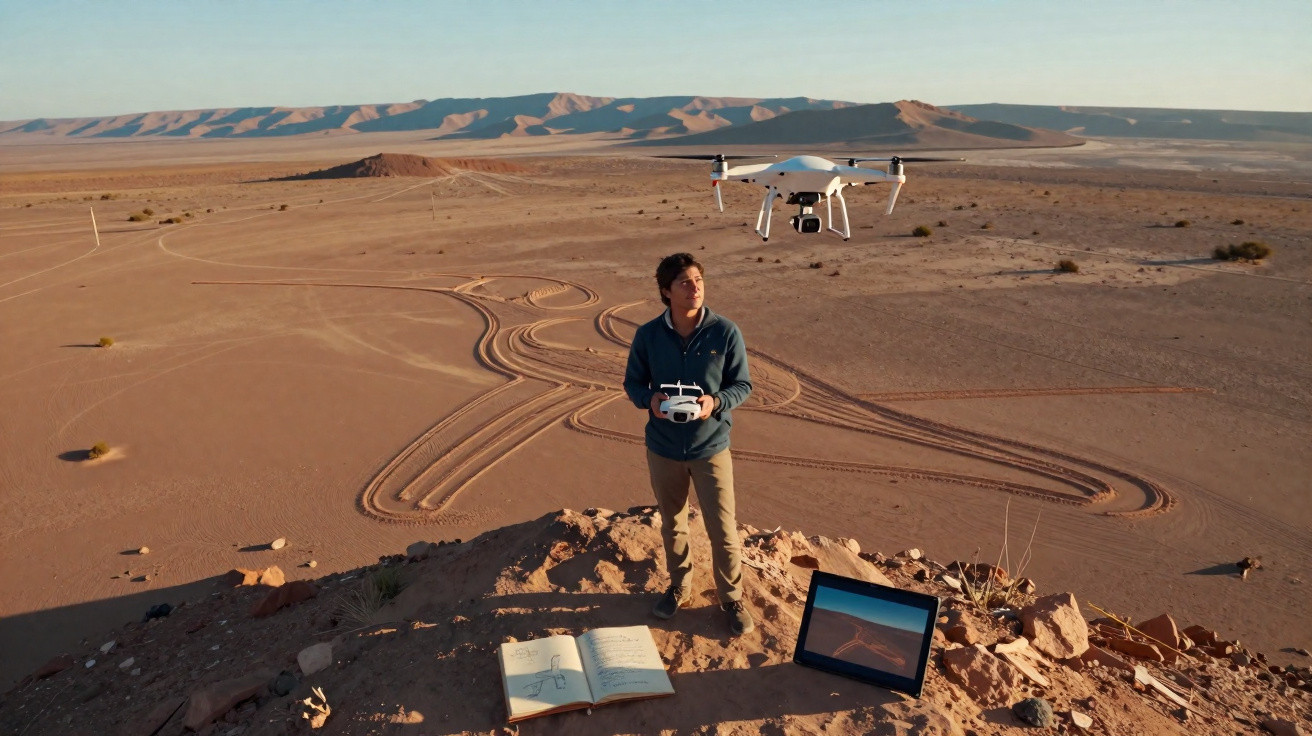 Homem controla drone em deserto com livro aberto e tela exibindo imagem do terreno ao seu lado.