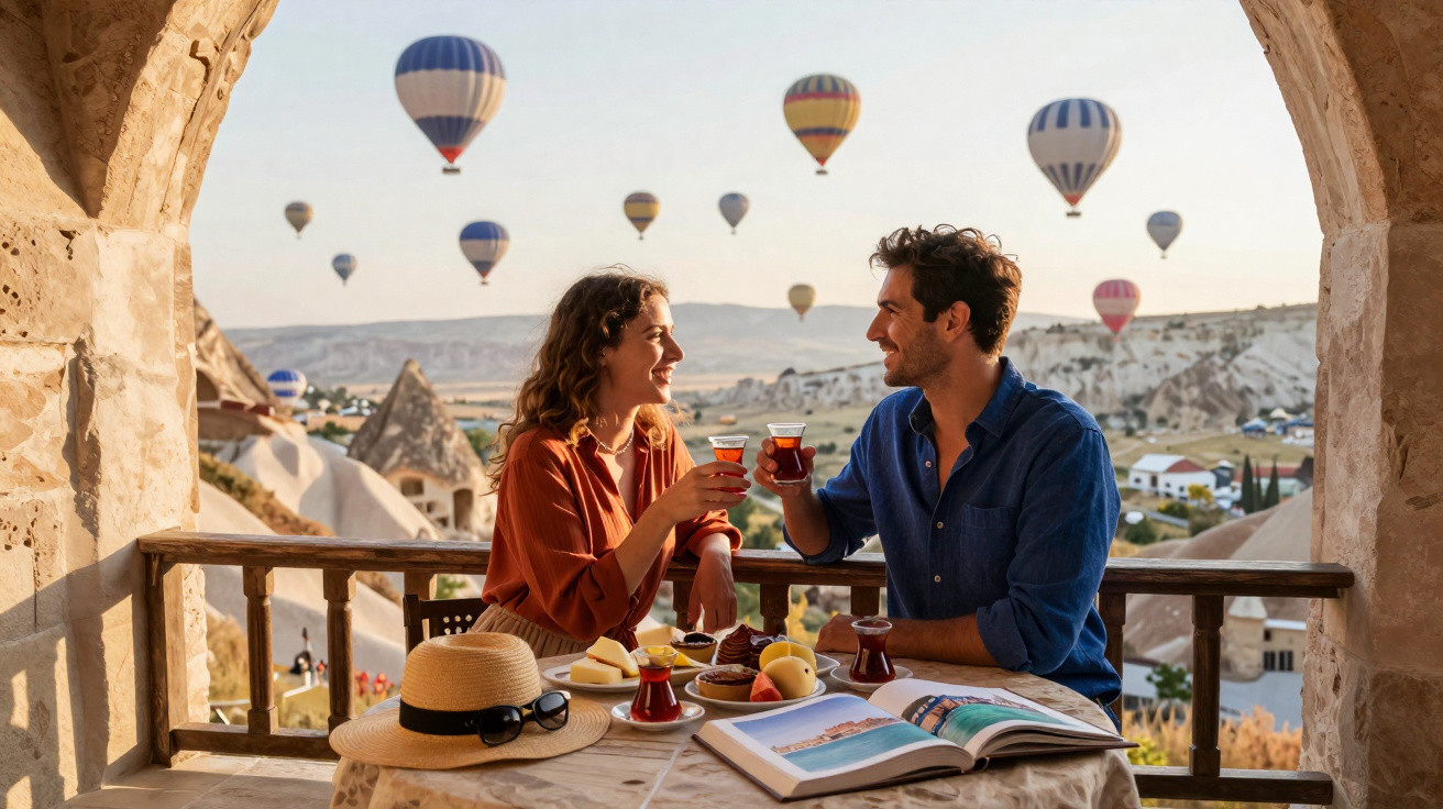 Casal brindando com chá em varanda com vista para balões e formação rochosa ao fundo.