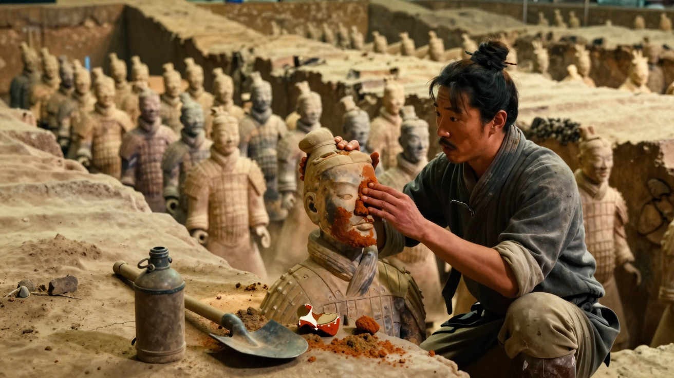 Homem restaurando estátua de guerreiro de terracota em sítio arqueológico da China.