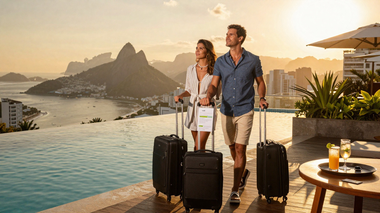 Casal com malas ao lado de piscina de borda infinita com vista para montanhas ao pôr do sol.