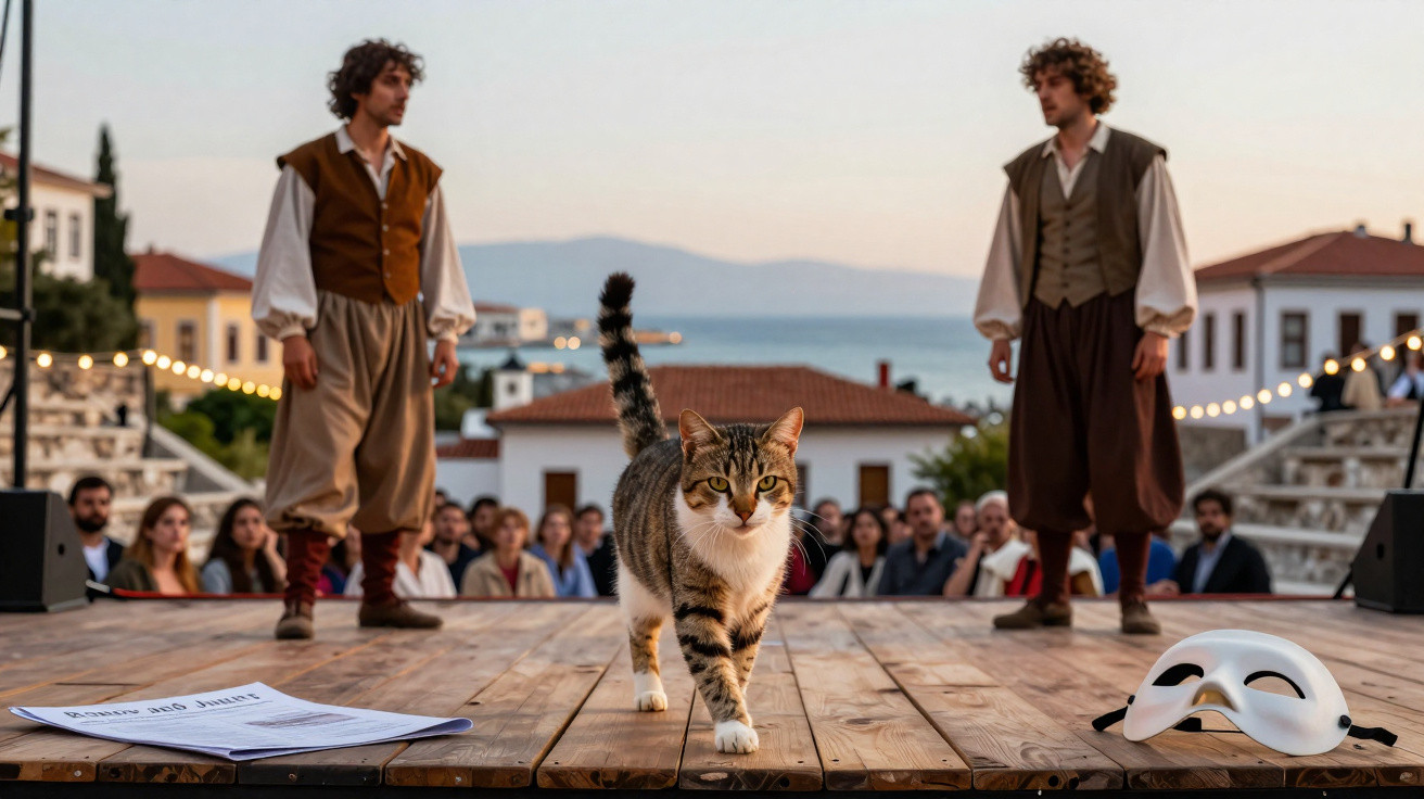 Gato caminhando no palco durante peça com ator vestido de época e público ao fundo ao entardecer.