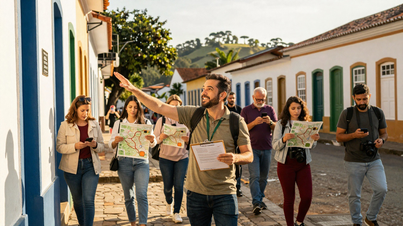 Grupo de turistas com mapas e câmeras seguindo guia em rua histórica de paralelepípedos ao sol.