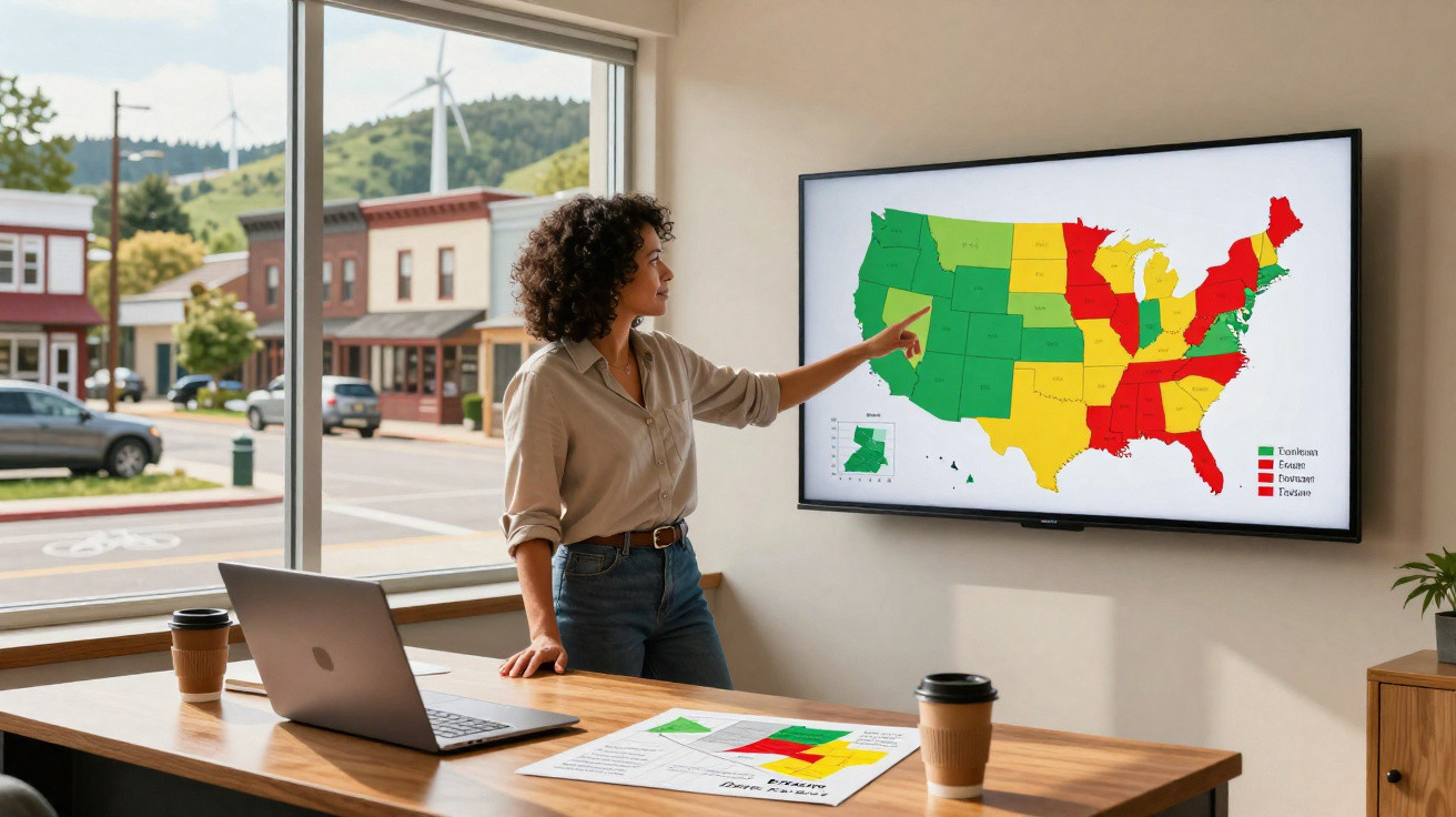 Mulher aponta para mapa colorido dos EUA na tela durante apresentação em escritório com laptop e café.