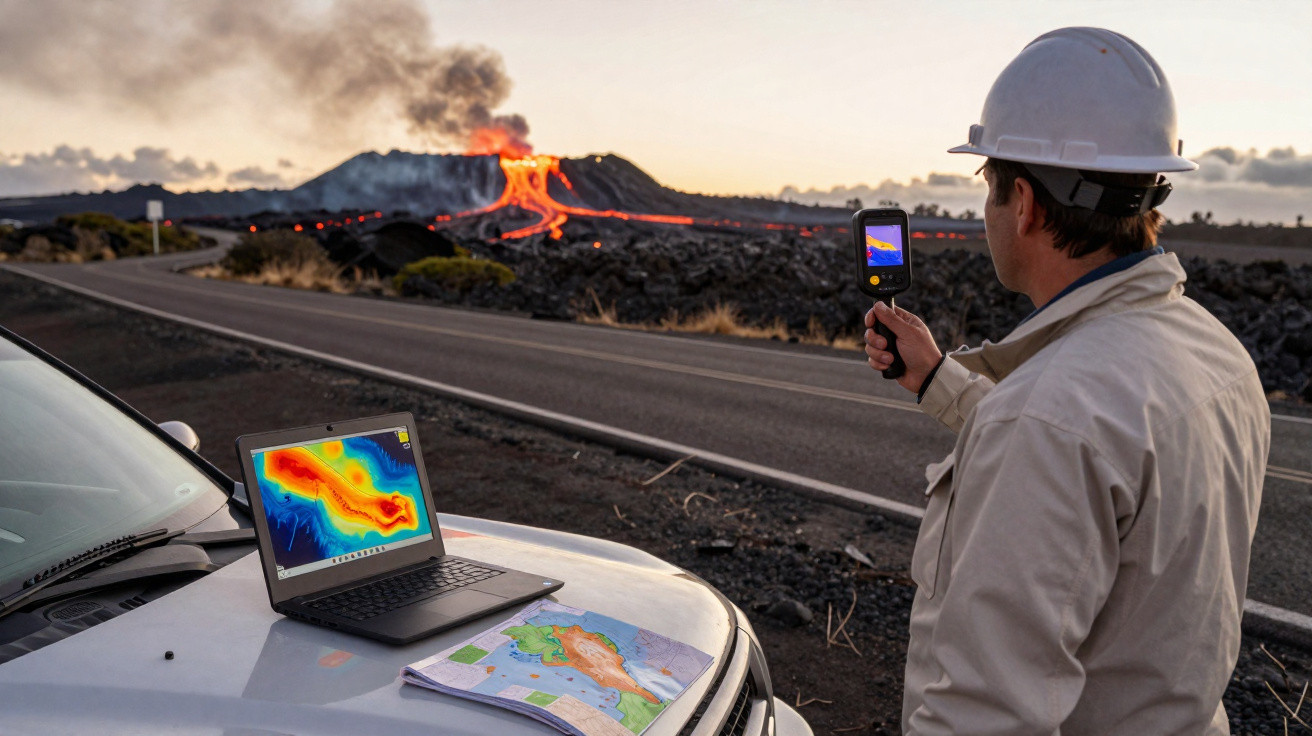 Homem com capacete usando câmera térmica para monitorar lava de vulcão em erupção perto de estrada.