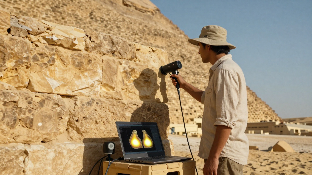 Pesquisador usando scanner 3D para analisar estrutura de pedra no deserto, com laptop mostrando imagens digitais.