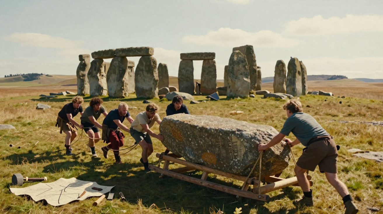 Grupo de homens movimentando pedra grande em frente ao monumento megalítico Stonehenge em campo aberto.