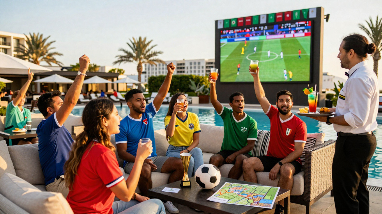 Grupo de pessoas torcendo futebol ao ar livre perto da piscina, com garçom servindo bebidas.