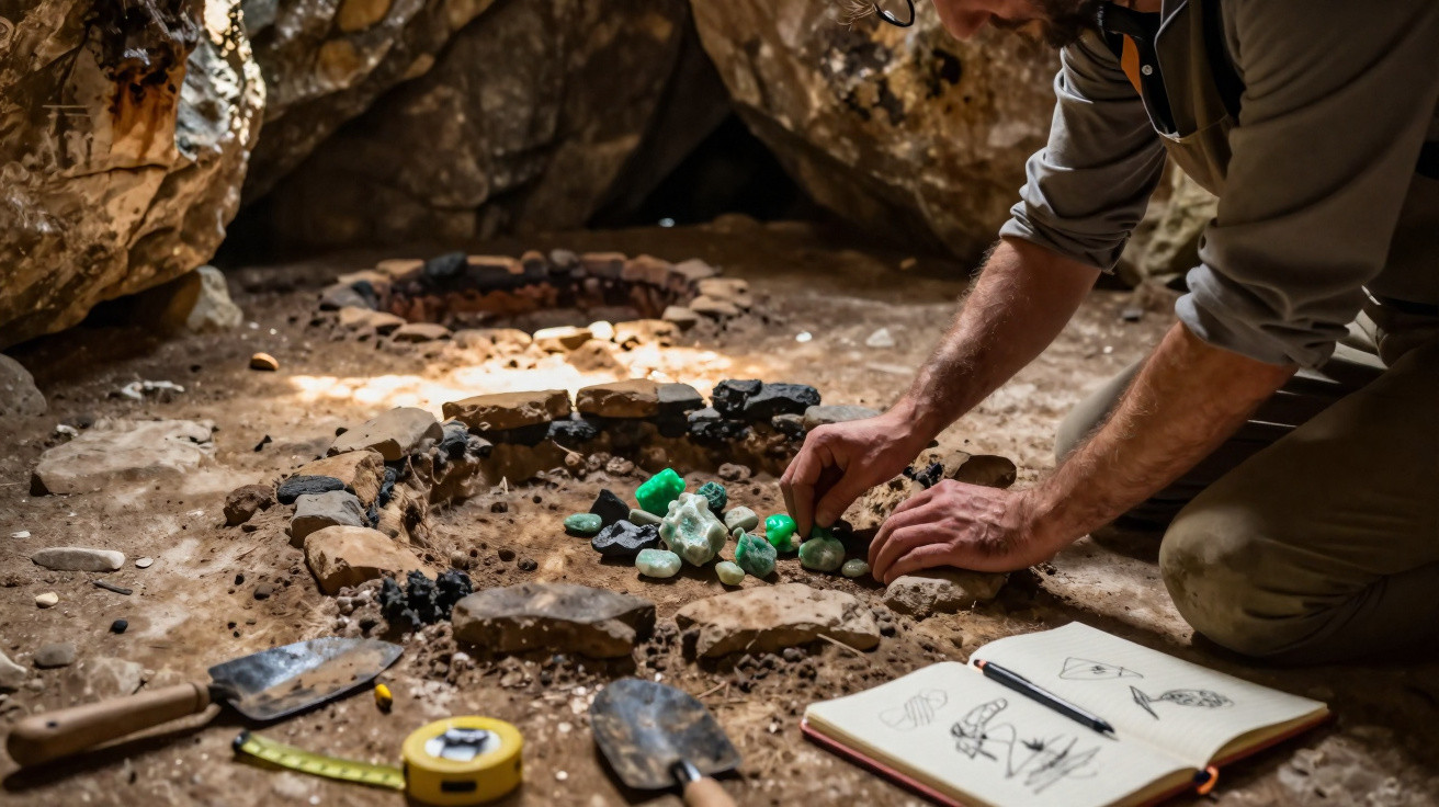 Pessoa organizando pedras verdes e ferramentas dentro de uma caverna, com caderno de desenhos aberto ao lado.