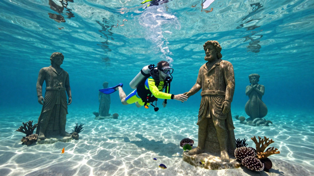 Mergulhador cumprimentando estátua subaquática entre outras estátuas e corais no fundo do mar.