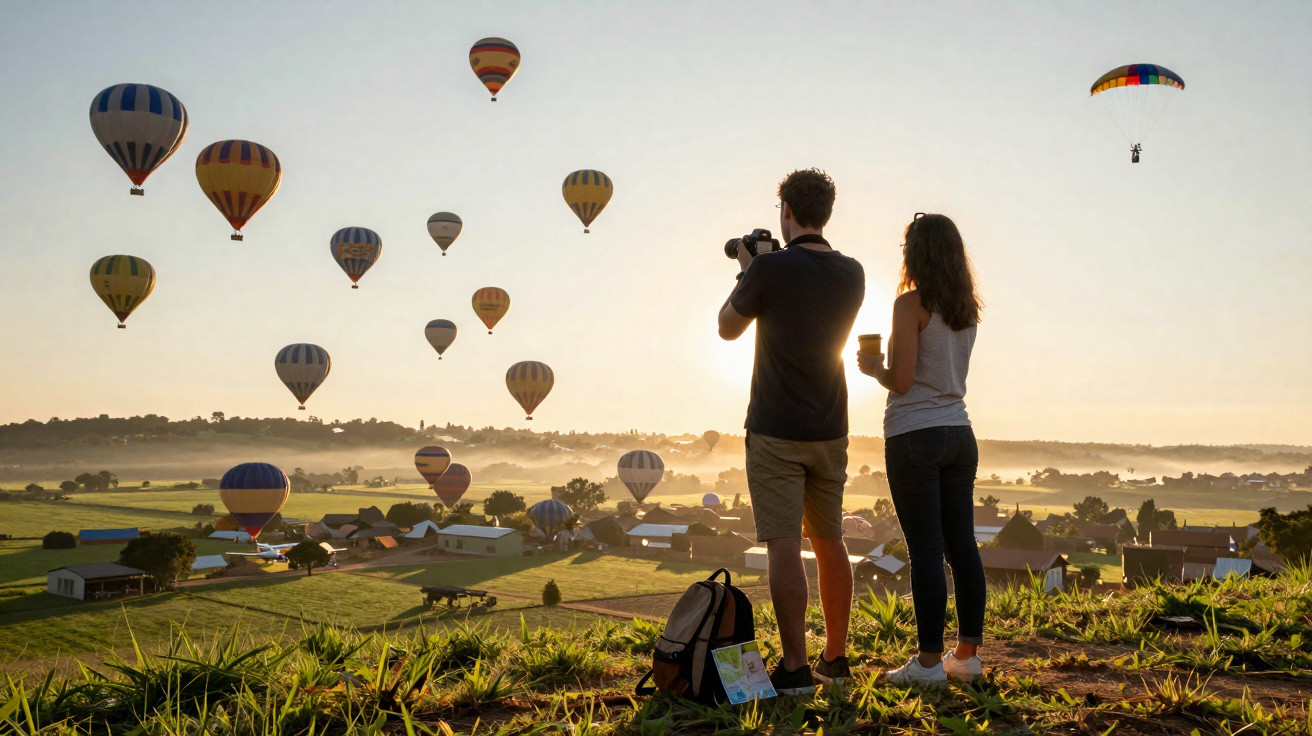 Casal observa e fotografa balões coloridos voando ao nascer do sol em área rural com casas e vegetação.