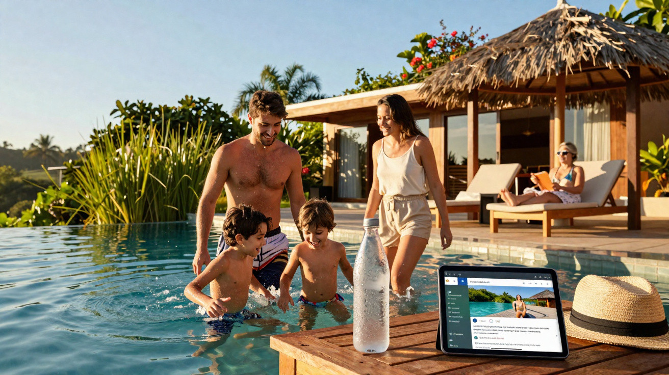 Família aproveitando piscina em casa com natureza ao redor em tarde ensolarada.