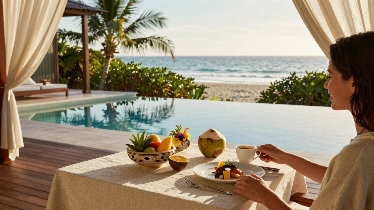 Mulher tomando café da manhã na varanda com piscina e vista para a praia ao amanhecer.