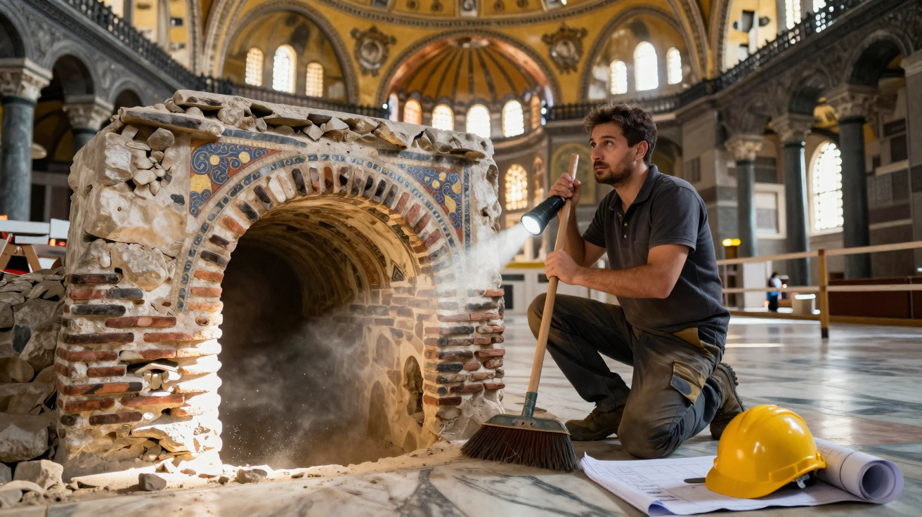 Homem com lanterna e vassoura investigando ruína antiga dentro de edifício histórico com cúpula decorada.