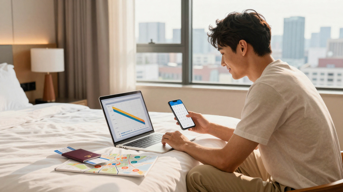 Homem usando smartphone e notebook com gráfico, sentado na cama de hotel com mapa e passaporte.