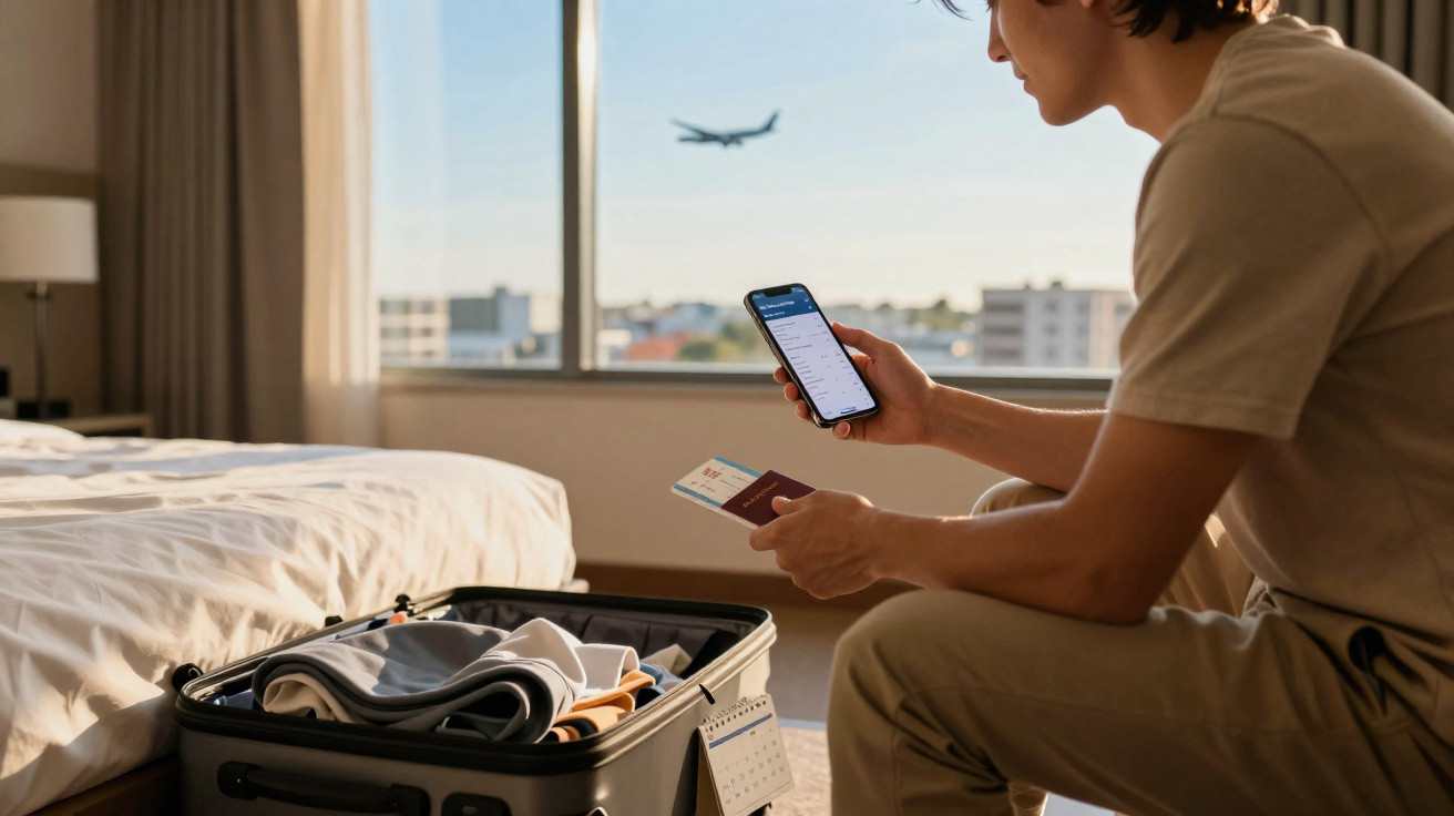 Homem sentado em quarto de hotel com mala aberta, segurando passaporte e celular, com avião voando ao fundo.