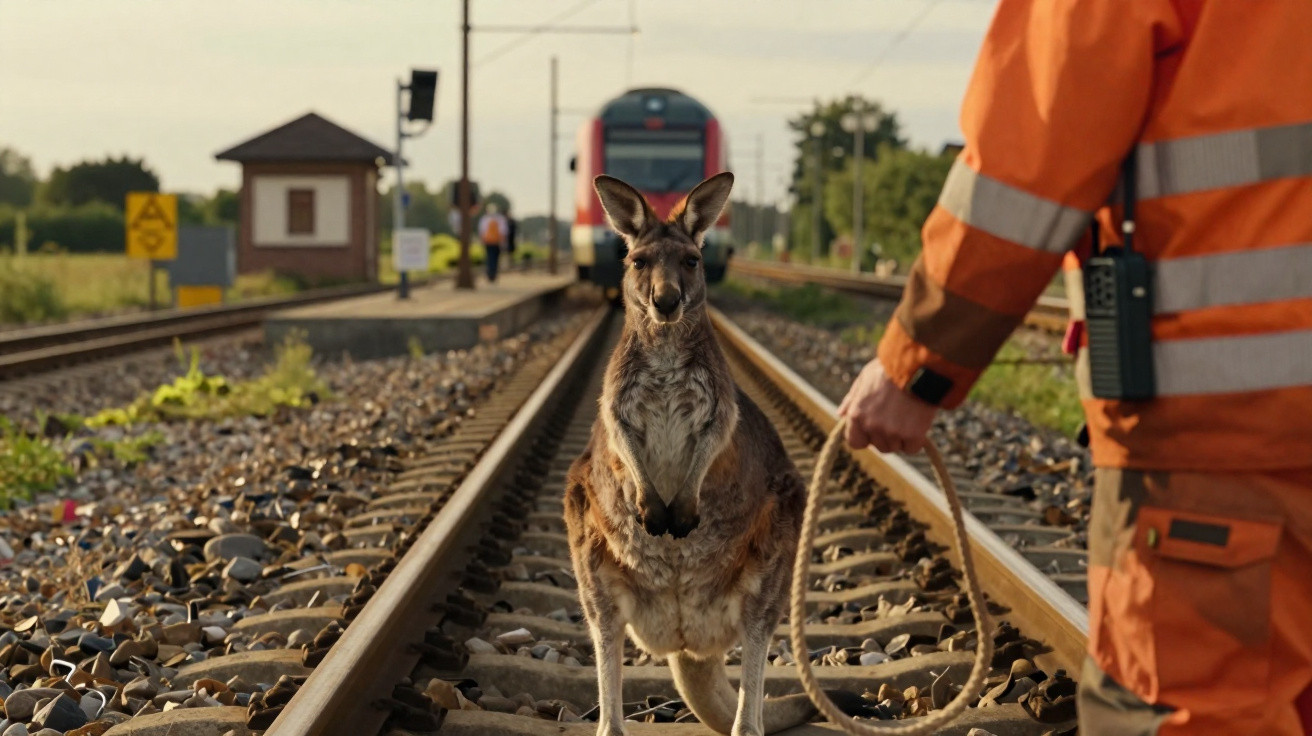 Canguru parado nos trilhos de trem enquanto funcionário de laranja segura corda próximos à locomotiva.