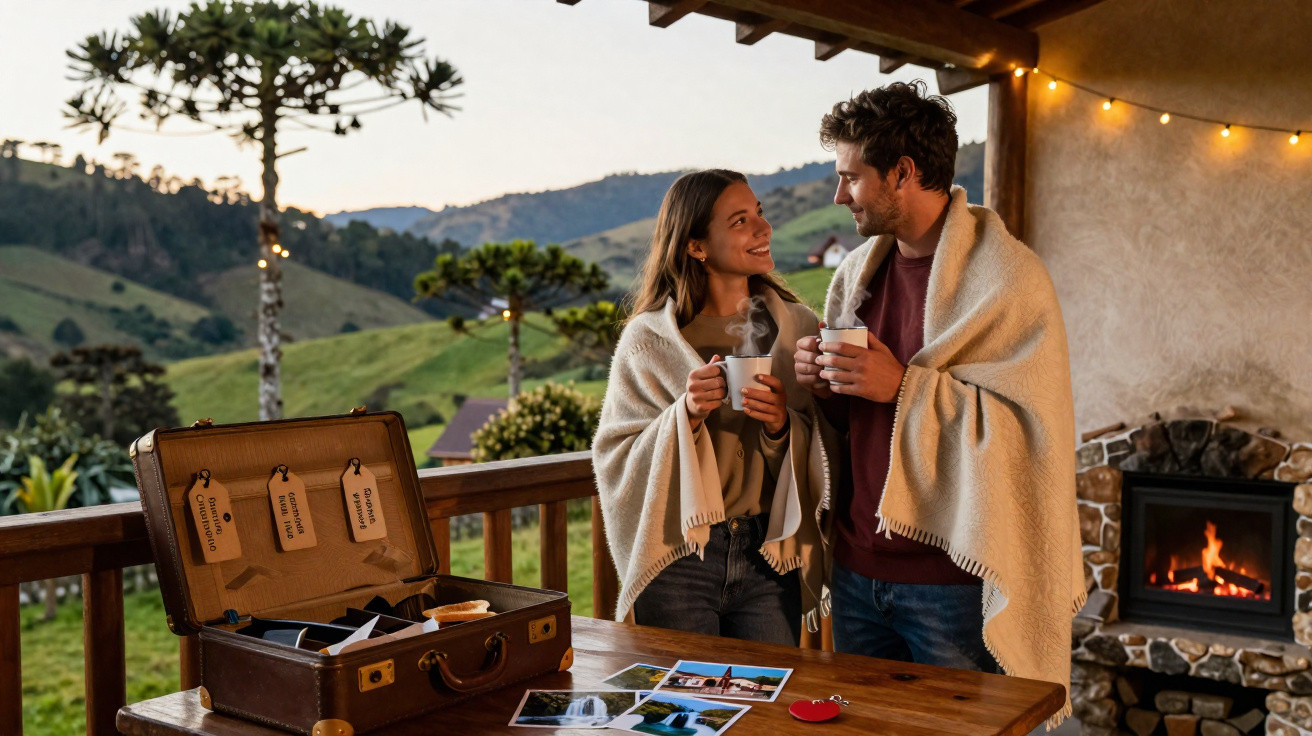 Casal abraçado com manta, segurando canecas quentes em varanda com vista para montanhas ao entardecer.